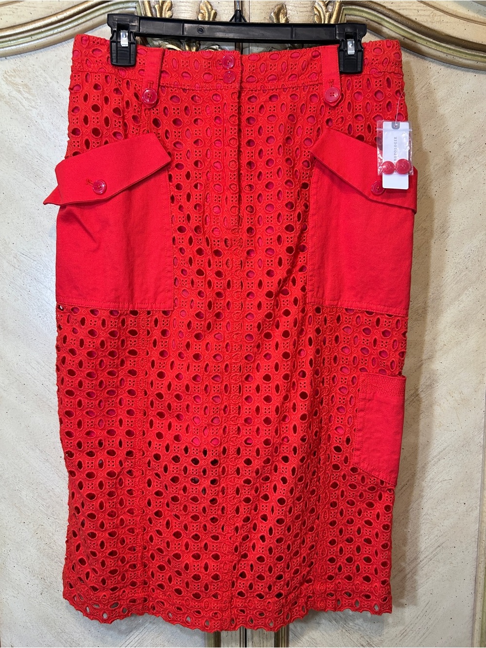 Anthropologie Tanya Red Eyelet Flap Pocket Midi Skirt NEW NWT
